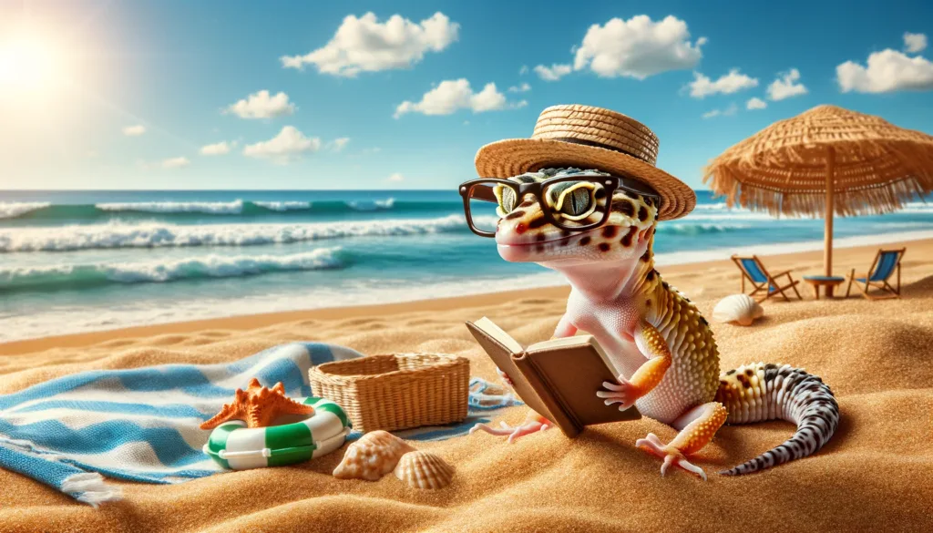Gus the gecko on the beach reading