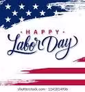 Text reads Happy Labor Day with a stylized US flag design, featuring blue with white stars and red stripes.