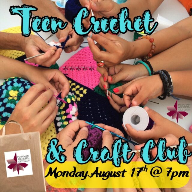 Teen Crochet AND CRAFT Club 🧶🪡🎨 Monday, August 17th @ 7:00PM
What's the stitch? If you love crocheting or you always wanted to learn, this is the club for you! Bring your supplies and spend some time with other teens who love to make yarn crafts. We will have yarn and hooks for those who may need it, and we can also provide some assistance with learning.
This month we will be putting out a few additional crafts in case you aren't in a yarn-ish mood. 
Hope to see you there! Open to patrons entering grades 6-12. No registration required. 
QUESTIONS? Call: (732) 583-9100 or email: maplkids@mapl.org
#mapl165 #aberdeennj #matawannj #maplprograms #maplyouthprograms #MAPLteenprograms #libraryteens #libraryteensrock #libraryteenevents #libraryteenprograms #teencrochet #teencrocheter #teencrochetclub #teencraft #teencrafts