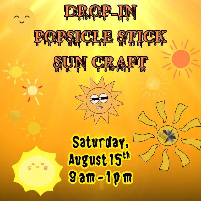 Drop-in Popsicle Stick Sun Craft🌞Saturday, August 15th, 9 am - 1 pm
The sun is shining, and it's another beautiful summer day! Come to the Children's Room and make your own smiling sunshine magnet. Take it home and stick it on your refrigerator or another favorite spot to brighten your day with a little sunshine every time you see it. Open to children of all ages.  No registration required. 
QUESTIONS? Call: 732-583-9100 or email: maplkids@mapl.org
#mapl165 #aberdeennj #matawannj #maplprograms #maplyouthprograms #dropincraft #dropincrafts #dropincrafting #suncraft #suncrafts