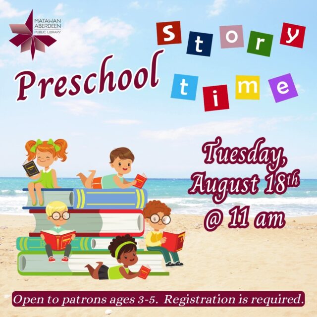 Preschool Story Time - Tuesday, August 18th @ 11:00AM
Join us in the meeting room for some fun! We will read a story, play some fun games, and make a special craft! This program is designed for preschool age children to work on understanding concepts and using fine motor skills.
Open to children ages 3-5.
Registration is required: https://mapl.events.mylibrary.digital/event?id=376012
QUESTIONS? Call: 732-583-9100 or email: maplkids@mapl.org
#mapl165 #aberdeennj #matawannj #maplprograms #maplyouthprograms #preschoolstorytime #librarystorytime