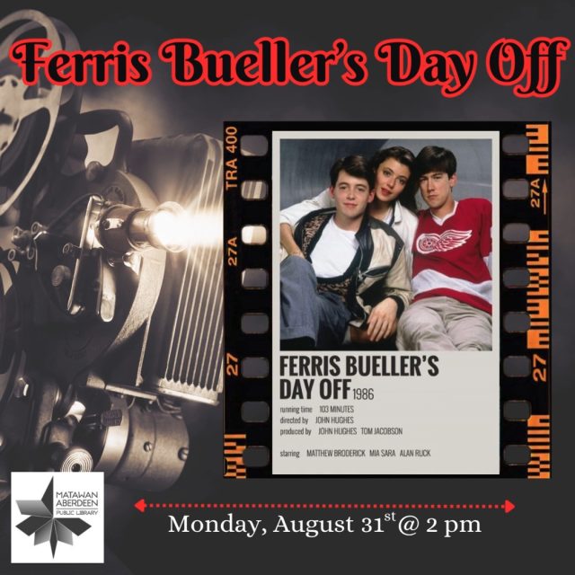 Movie: Ferris Bueller’s Day Off 🎥🎞️Monday, August 31st @ 2:00PM
Ferris Bueller has an uncanny skill at cutting classes and getting away with it. Intending to make one last duck-out before graduation, Ferris calls in sick, "borrows" a Ferrari, and embarks on a one-day journey through the streets of Chicago. On Ferris' trail is high school principal Rooney, determined to catch him in the act.
Starring: Matthew Broderick, Alan Ruck 
Release Date: 1986 
Rating: PG-13 
Duration: 1 hr 43 min
QUESTIONS? Call: (732) 583-9100 or email: mapladults@mapl.org
#mapl165 #aberdeennj #matawannj #maplprograms #maplmovies #MovieMonday #moviemondays #moviemonday #ferrisbueller #ferrisbuellersdayoff
