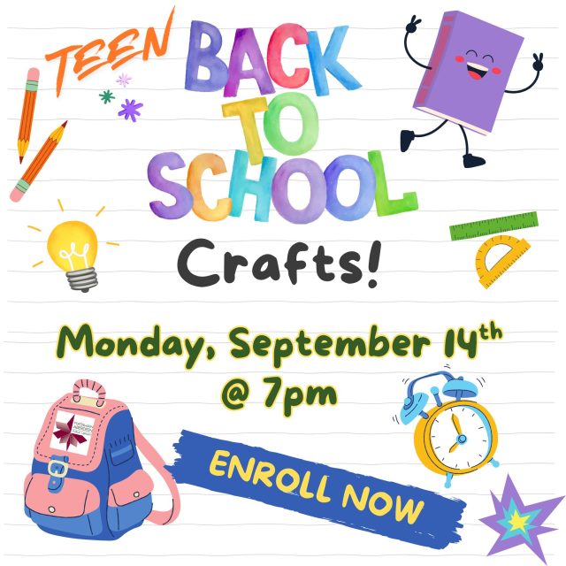 Teen Back to School Crafts 🔖 Monday, September 14th @ 7:00PM
**ALMOST FULL, REGISTER NOW**
Calling all teens! Can you believe the school year is already underway? Join us as we make some cool and useful crafts to help your school year run smoothly. We’ll make some amazing diamond art bookmarks, and a zipper pull that will look perfect hanging from your bag. There may even be a snack or two. Don’t miss the fun, register today! Open to patrons in grades 6-12. 
Registration is required: https://mapl.events.mylibrary.digital/event?id=398354
QUESTIONS? Call: (732) 583-9100 or email: maplkids@mapl.org
#mapl165 #aberdeennj #matawannj #maplprograms #maplyouthprograms #MAPLteenprograms #libraryteens #libraryteensrock #libraryteenevents #libraryteenprogram #libraryteenprograms