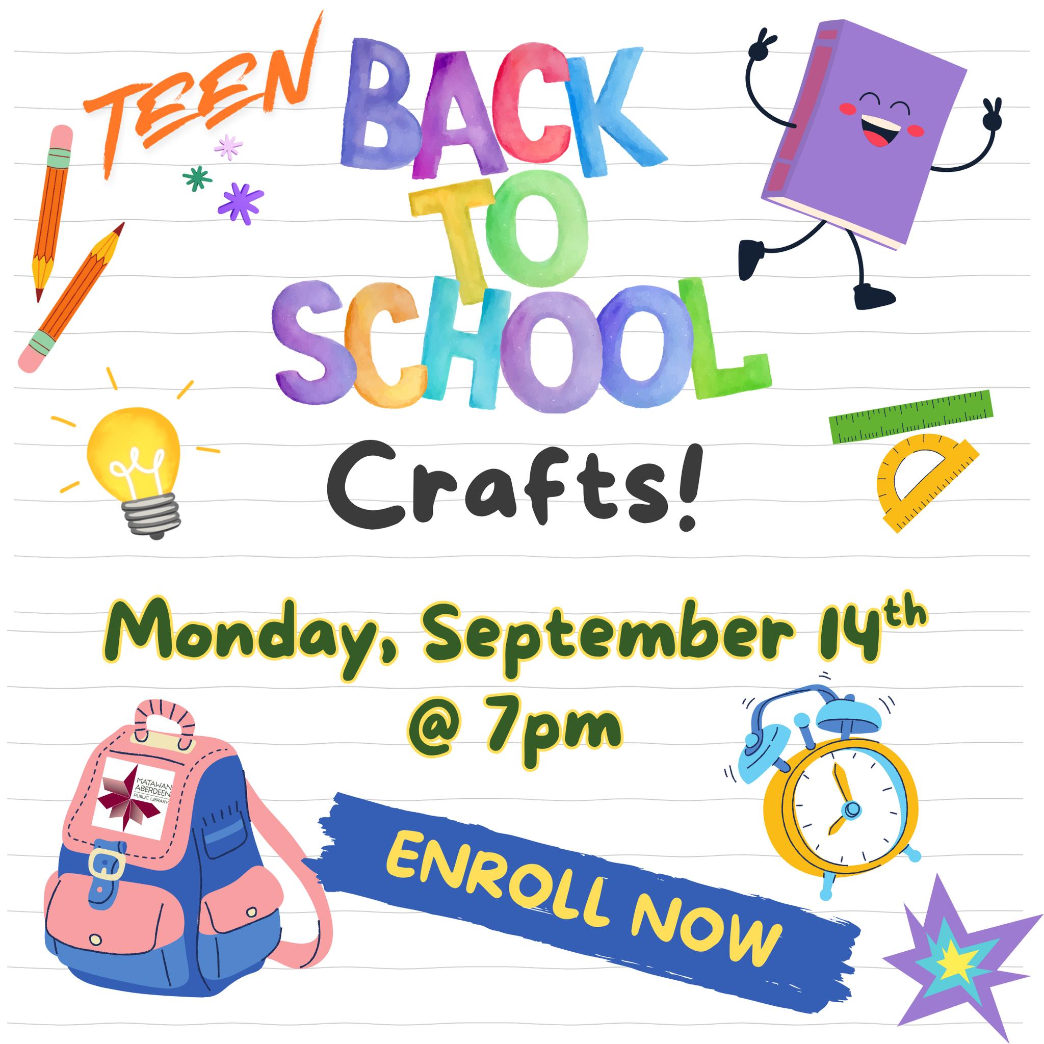 Teen Back to School Crafts 🔖 Monday, September 14th @ 7:00PM
**ALMOST FULL, REGISTER NOW**
Calling all teens! Can you believe the school year is already underway? Join us as we make some cool and useful crafts to help your school year run smoothly. We’ll make some amazing diamond art bookmarks, and a zipper pull that will look perfect hanging from your bag. There may even be a snack or two. Don’t miss the fun, register today! Open to patrons in grades 6-12. 
Registration is required: https://mapl.events.mylibrary.digital/event?id=398354
QUESTIONS? Call: (732) 583-9100 or email: maplkids@mapl.org
#mapl165 #aberdeennj #matawannj #maplprograms #maplyouthprograms #MAPLteenprograms #libraryteens #libraryteensrock #libraryteenevents #libraryteenprogram #libraryteenprograms
